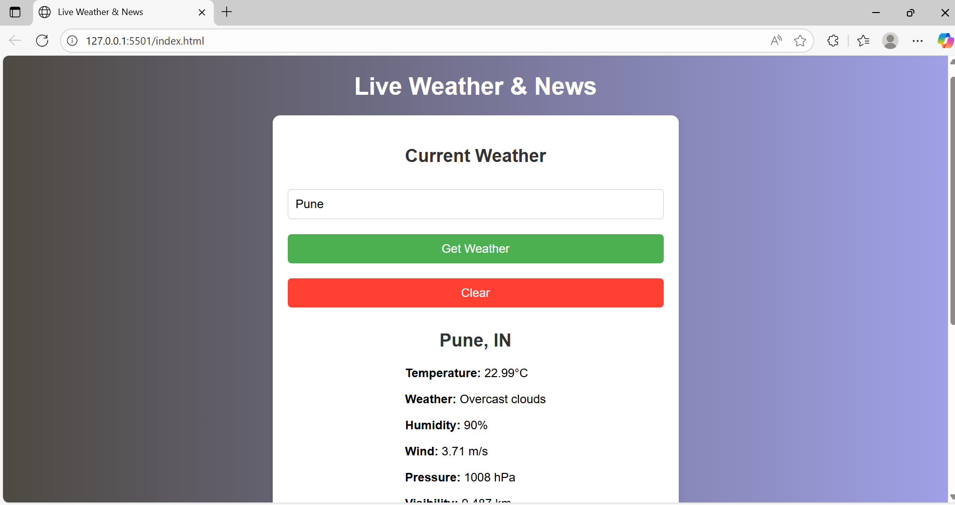 Screenshot of Weather App